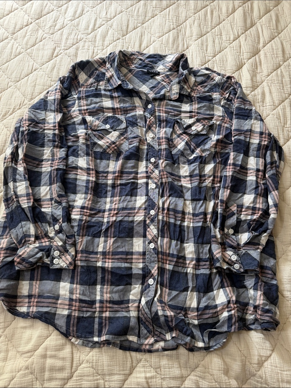 Torrid Navy, White and Pink Plaid Button-Down Shirt